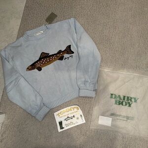 Dairy Boy Blue Sweater with Fish fisherman’s daughter